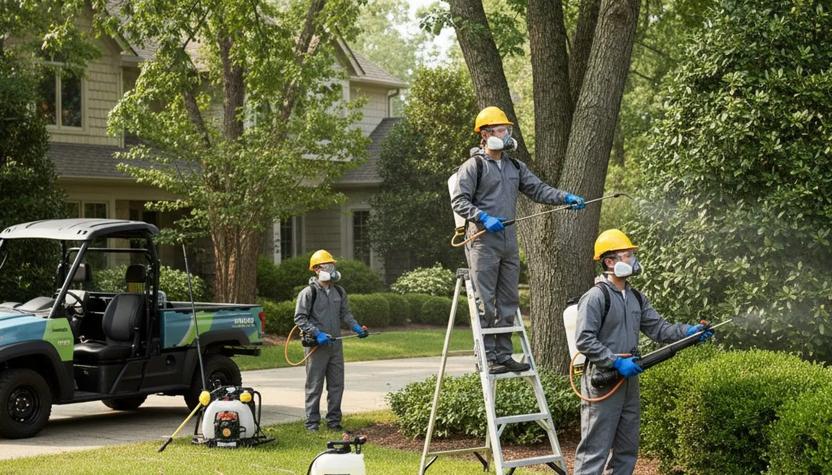 Tree service crew applying tick control in Troy, NY for safer residential yard protection