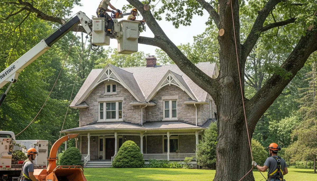 Tree service crew in Troy, NY handling tree removal and trimming for a local property